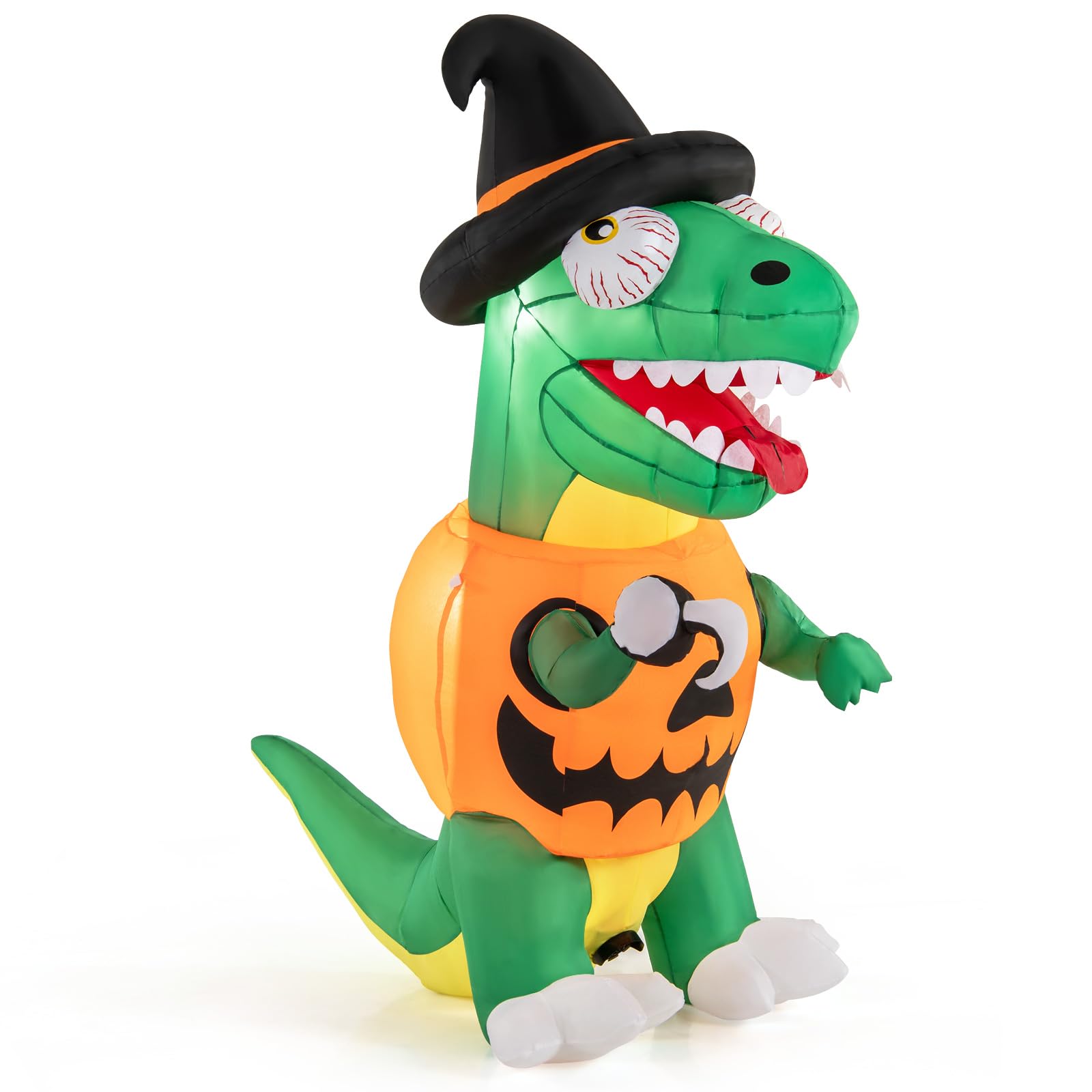 Tangkula 6 FT Gonflables d'Halloween Dinosaure Citrouille avec Chapeau de Sorcière, Main Crochetée et Lumières LED Intégrées